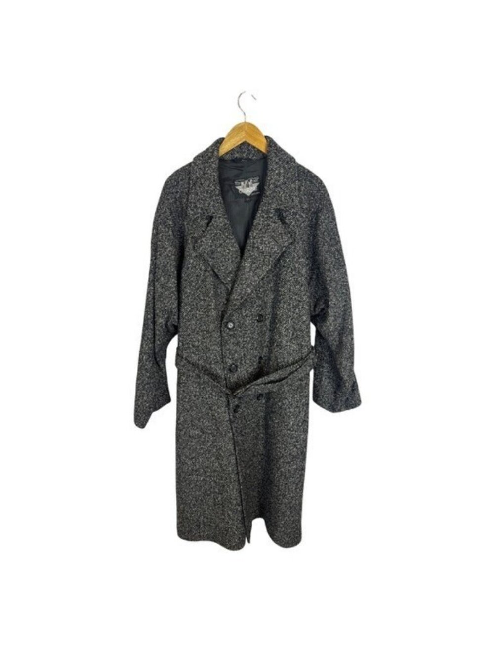 Vintage 80s CasualMan Utex Herringbone Tweed Wool Blend Belted Trench Coat 42